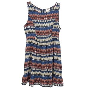 One Clothing Womens Mini Dress Size Large Aztec Bohemian Blue Orange Tan Flowy